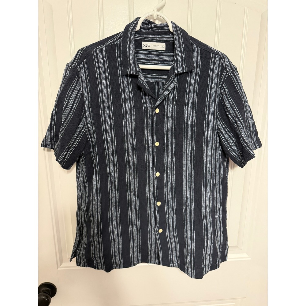 Zara Shirt Mens XL Navy Blue Vertical Stripe Textured Short Sleeve Relaxed EUC